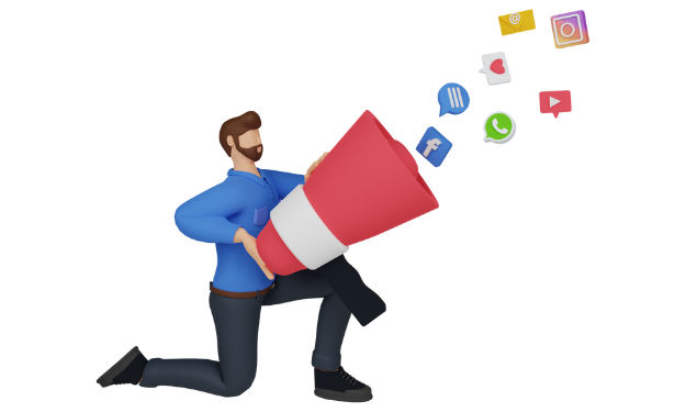 man holding a megaphone with icons flying out